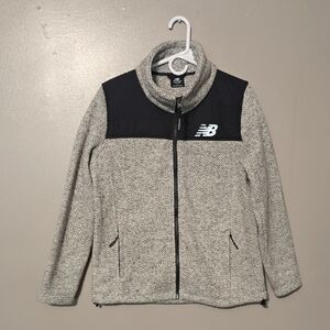 New Balance Womens Large Full Zip Gray & White Herringbone Fleece Sweater Jacket